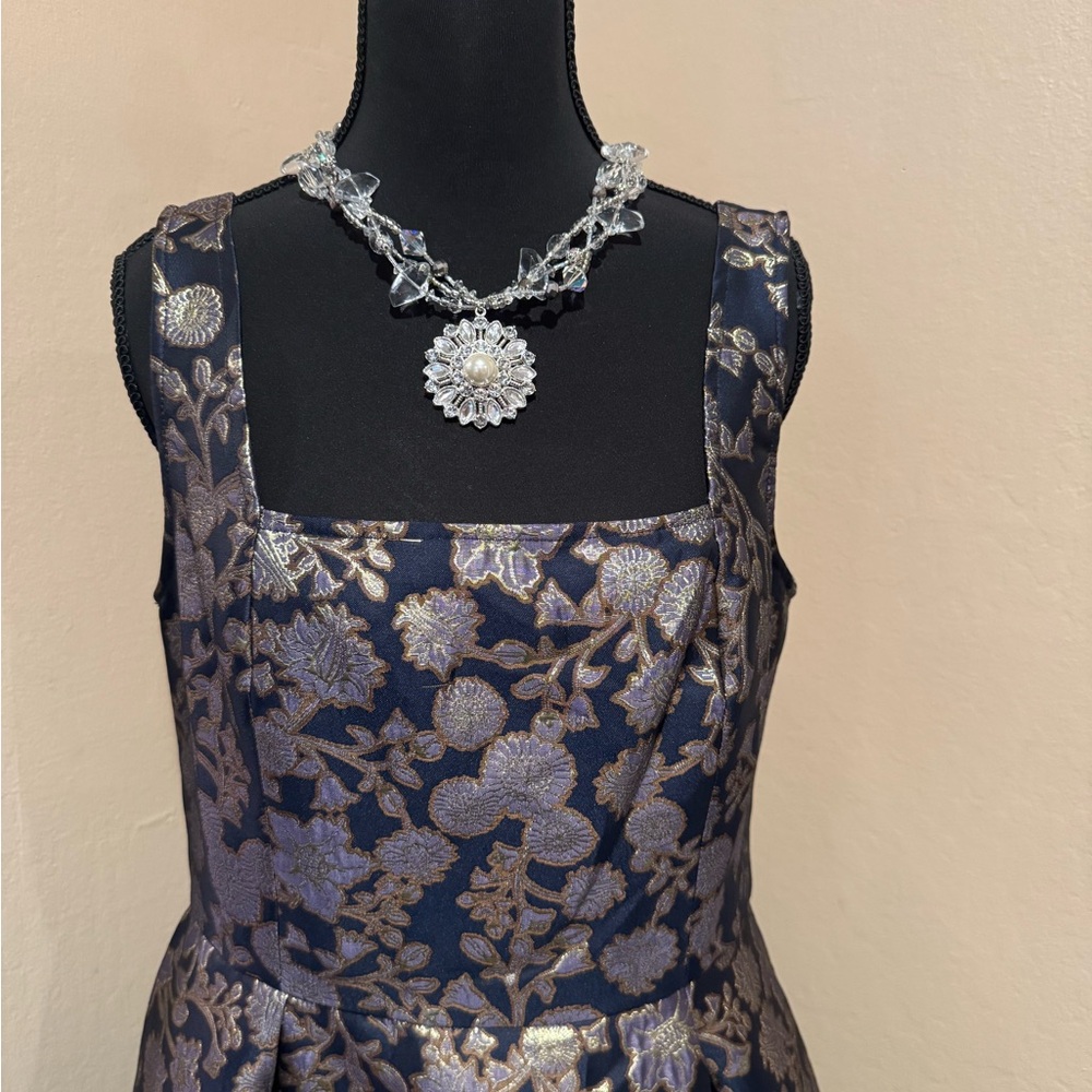 Francesca's Collections Navy and Gold Floral Brocade Midi Dress
